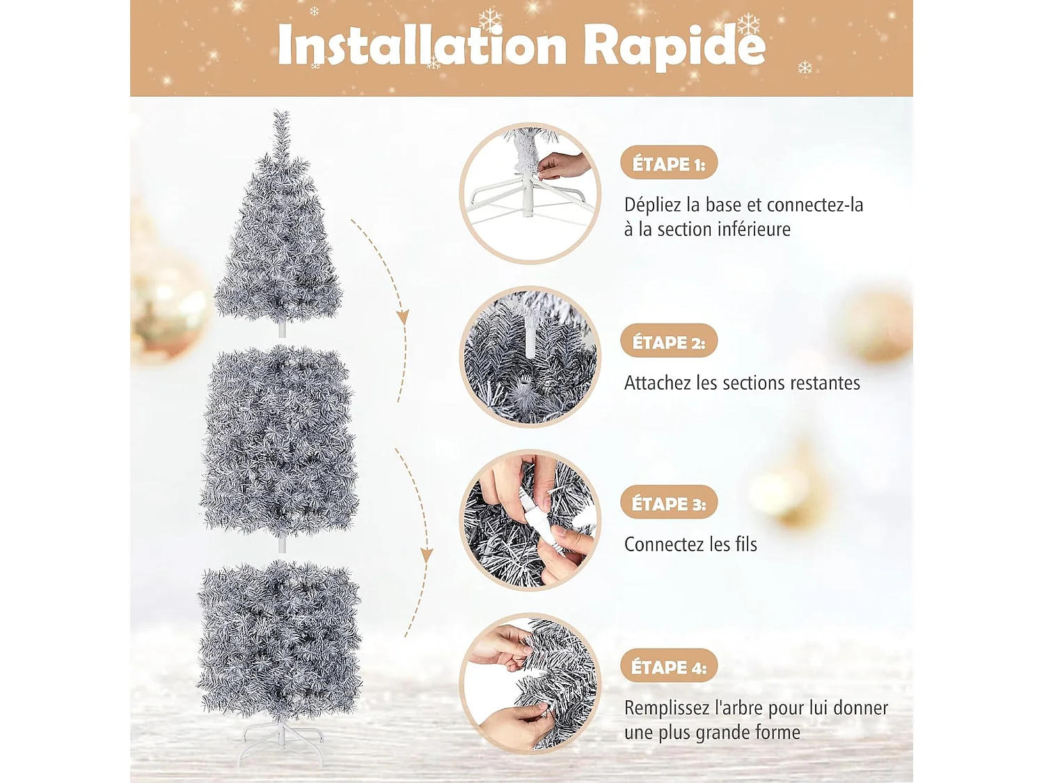 Sapin de noël 180cm, arbre de noël lumineux 250led avec base, sapin de noël en pvc