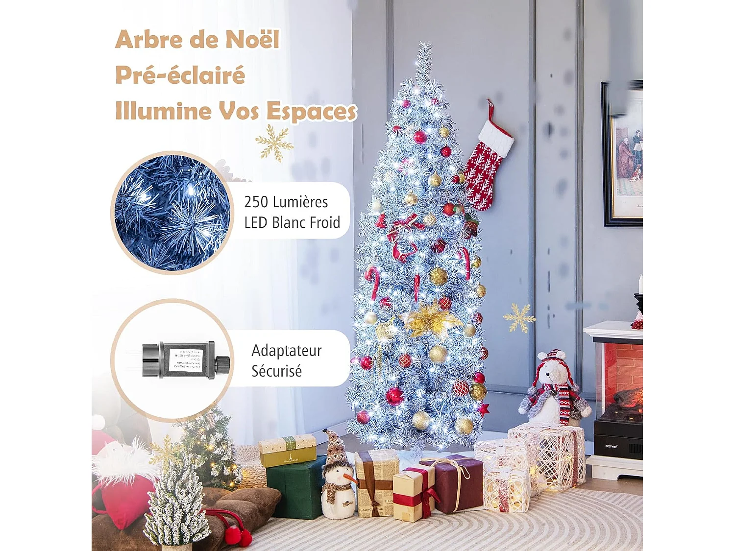 Sapin de noël 180cm, arbre de noël lumineux 250led avec base, sapin de noël en pvc