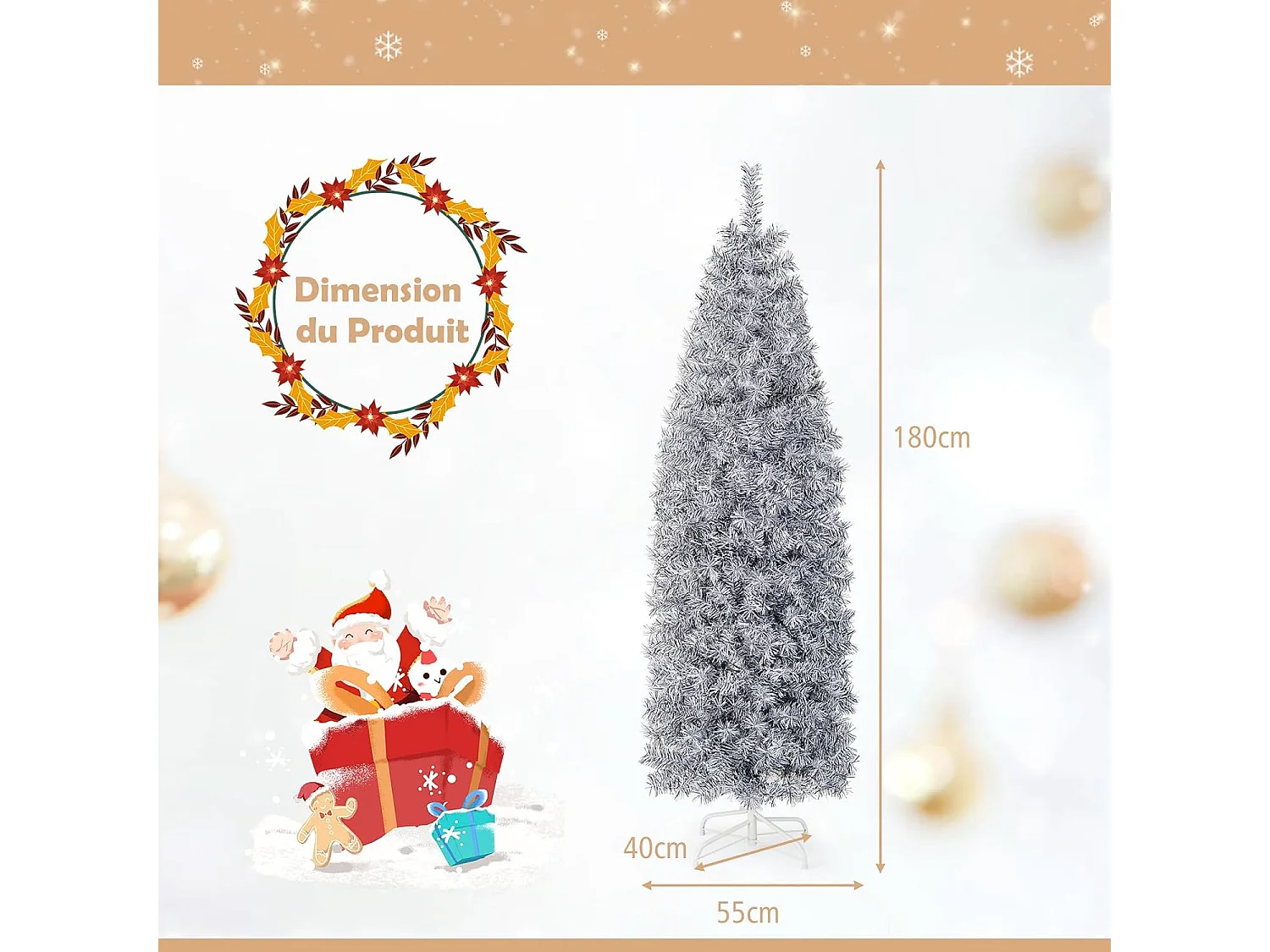 Sapin de noël 180cm, arbre de noël lumineux 250led avec base, sapin de noël en pvc