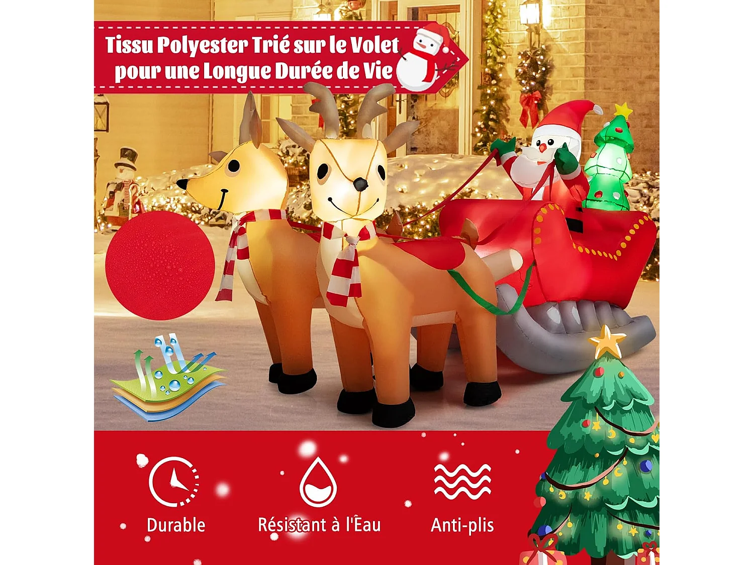 Décoration gonflable noël 220 cm de long, décorations de traîneau gonflable avec père noël