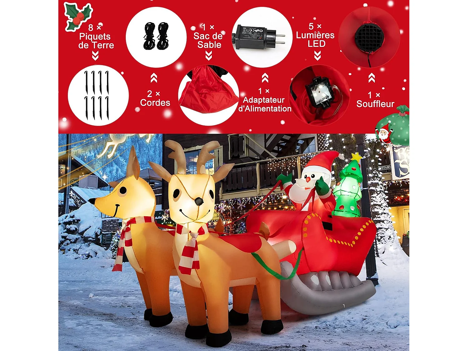 Décoration gonflable noël 220 cm de long, décorations de traîneau gonflable avec père noël