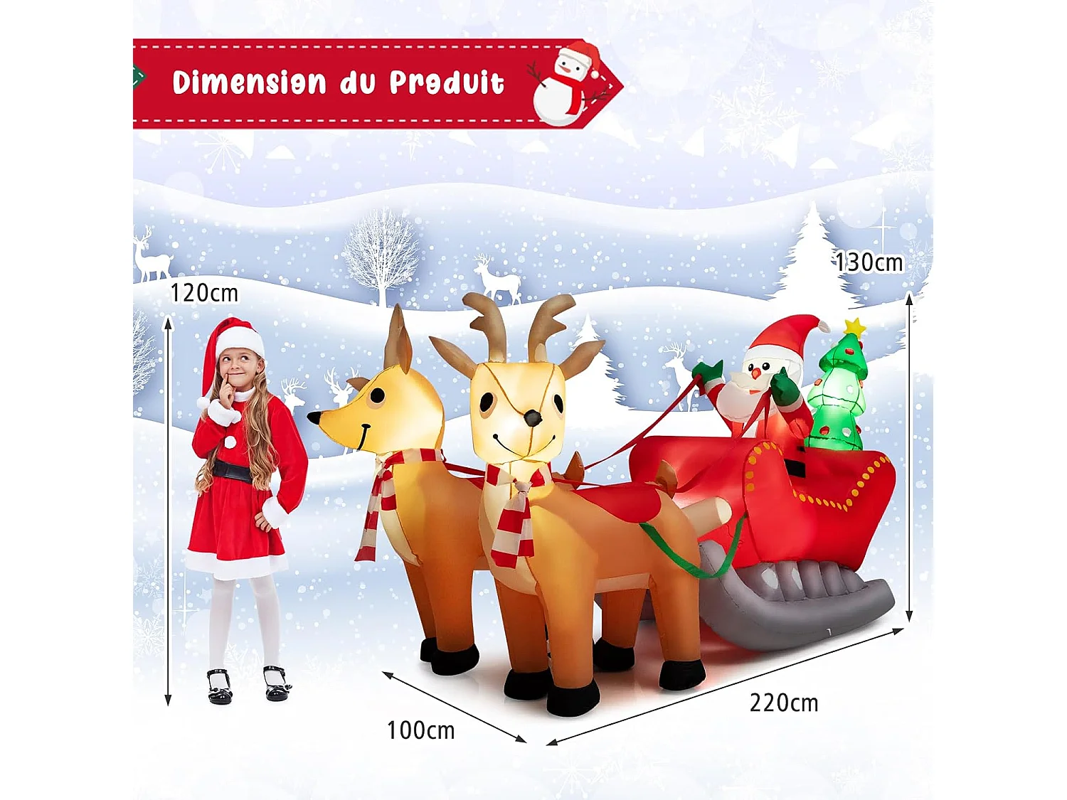 Décoration gonflable noël 220 cm de long, décorations de traîneau gonflable avec père noël