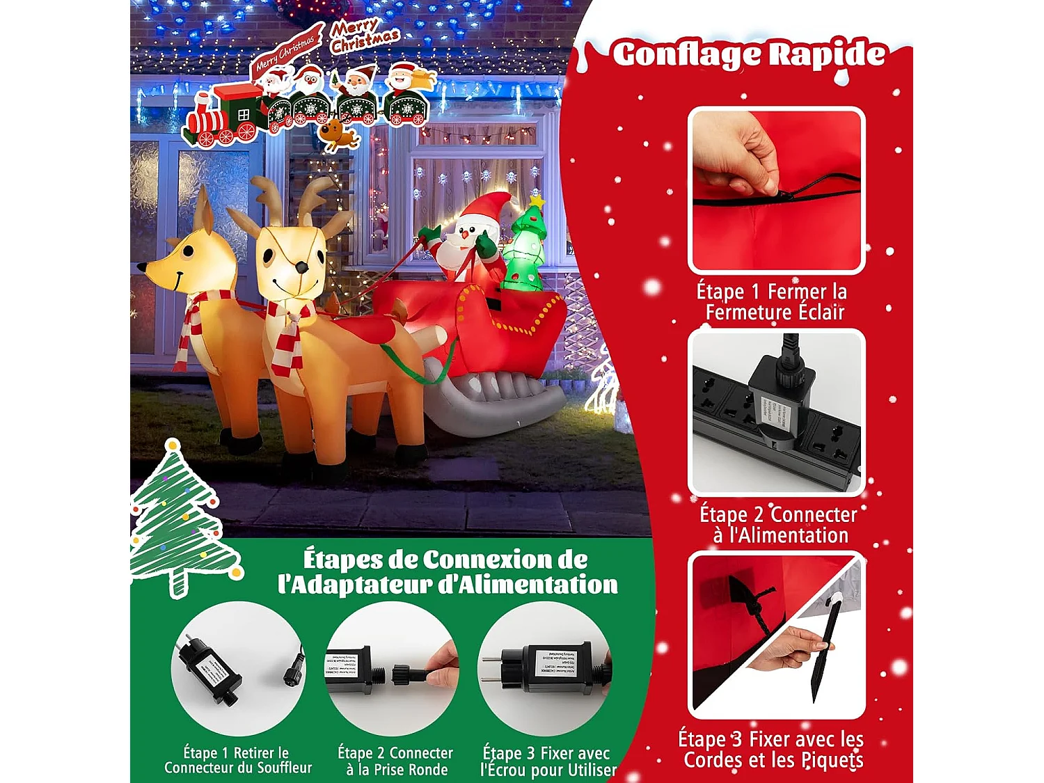 Décoration gonflable noël 220 cm de long, décorations de traîneau gonflable avec père noël