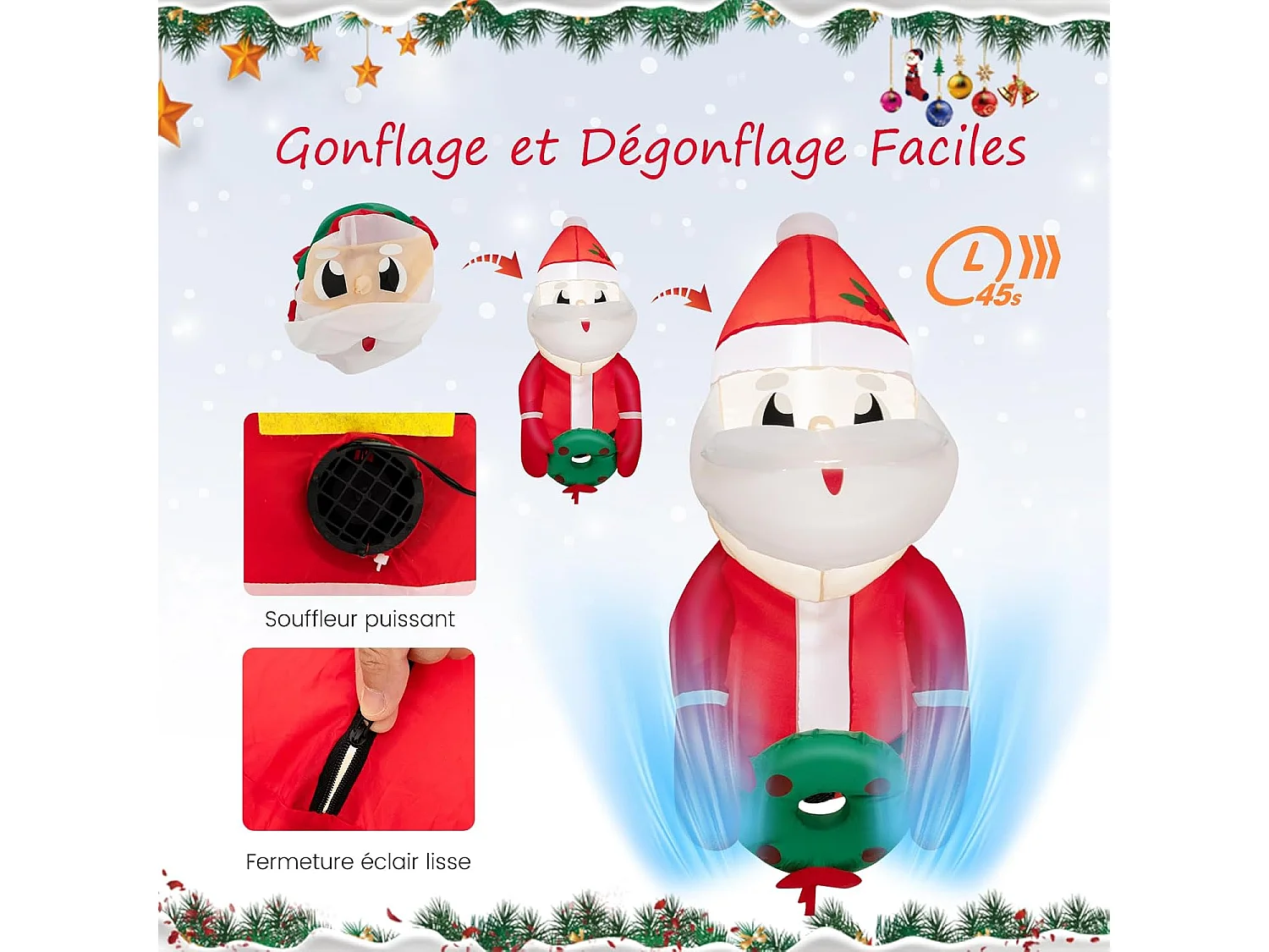 Père noël gonflable de noël de 100 cm s'échappant par fenêtre,décoration avec lumières led