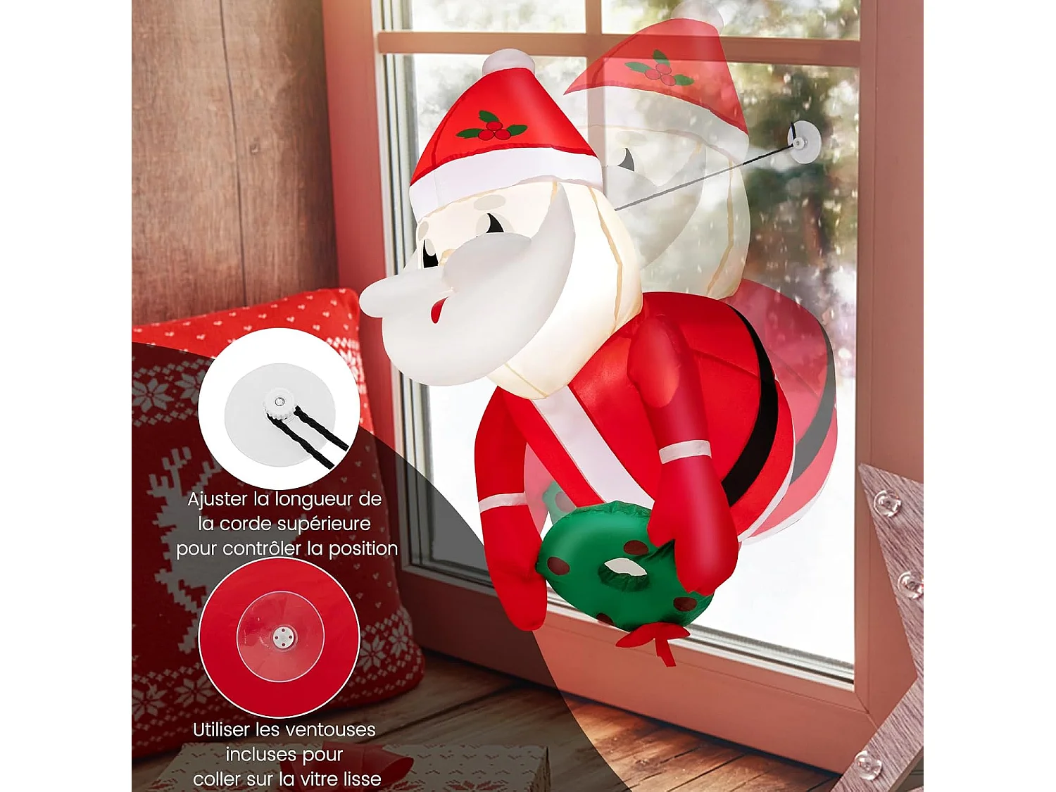 Père noël gonflable de noël de 100 cm s'échappant par fenêtre,décoration avec lumières led