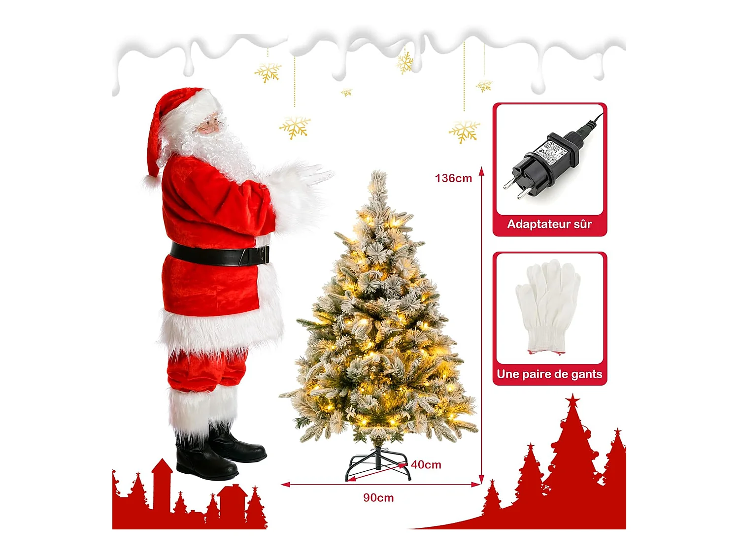 Sapin de noël lumineux avec effect floqué, arbre artificiel illuminé structure (135cm)