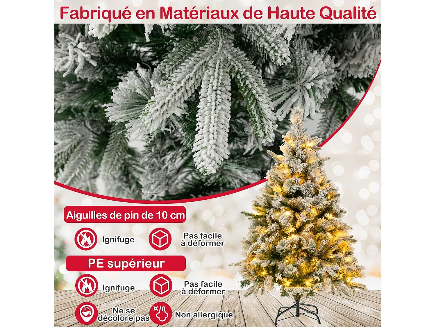 Sapin de noël lumineux avec effect floqué, arbre artificiel illuminé structure (135cm)