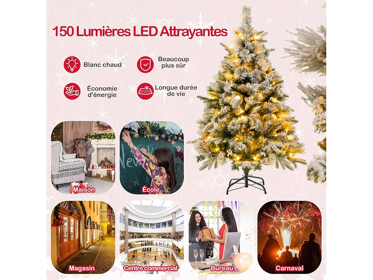 Sapin de noël lumineux avec effect floqué, arbre artificiel illuminé structure (135cm)