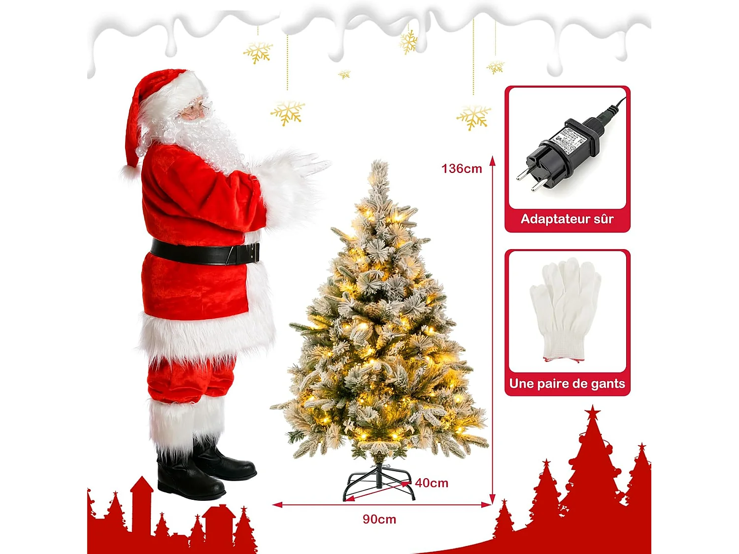 Sapin de noël lumineux avec effect floqué, arbre artificiel illuminé structure (135cm)