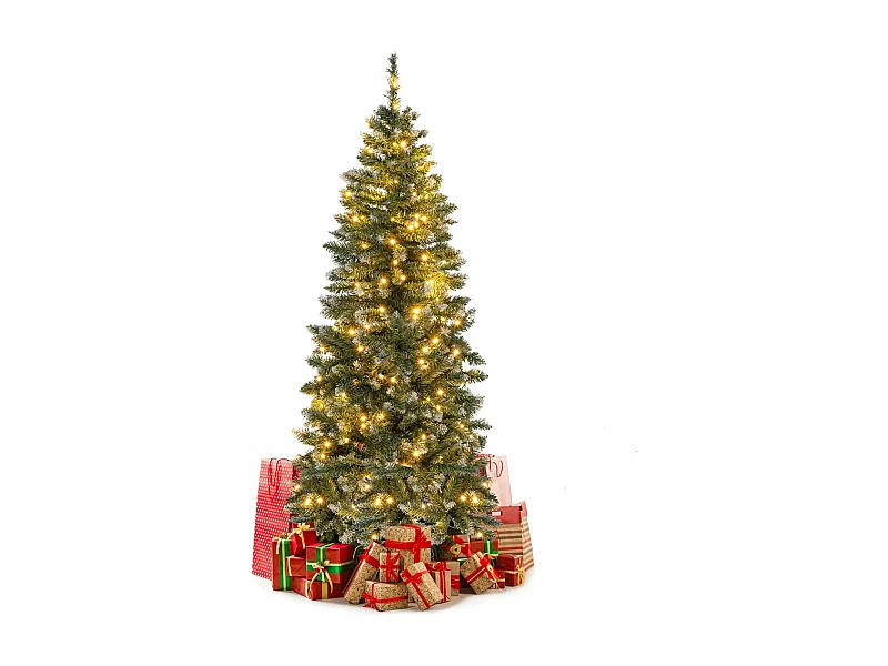 Sapin de noël artificiel de 150 cm, 408 branches enneigées, 200 lumières led blanc chaud