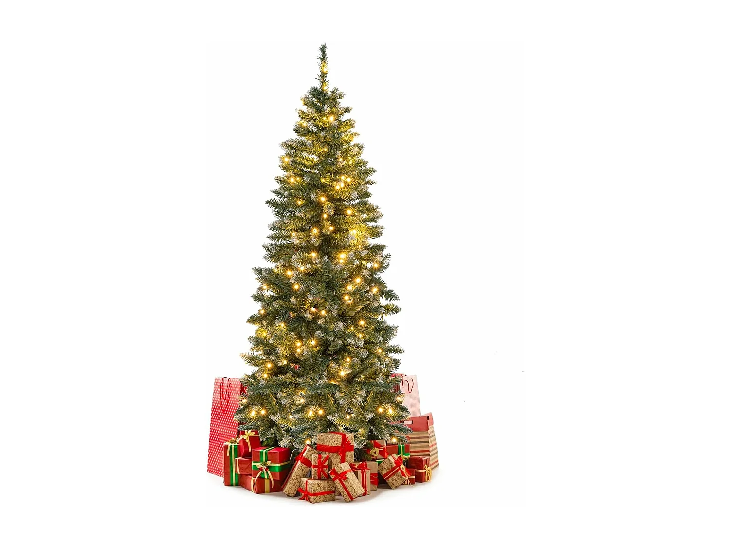 Sapin de noël artificiel de 150 cm, 408 branches enneigées, 200 lumières led blanc chaud