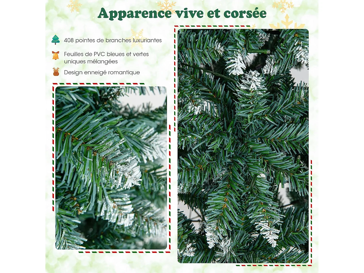 Sapin de noël artificiel de 150 cm, 408 branches enneigées, 200 lumières led blanc chaud