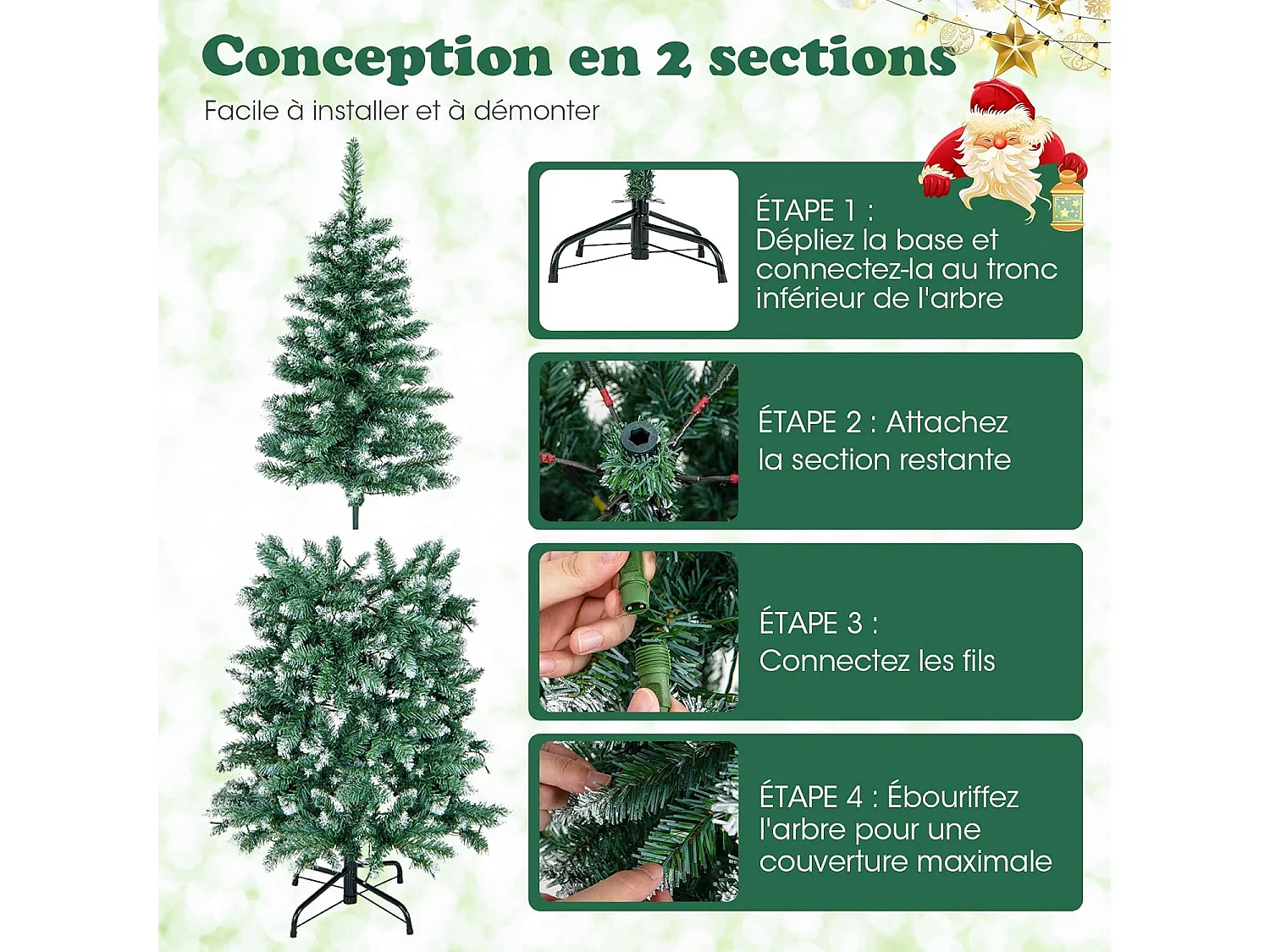 Sapin de noël artificiel de 150 cm, 408 branches enneigées, 200 lumières led blanc chaud