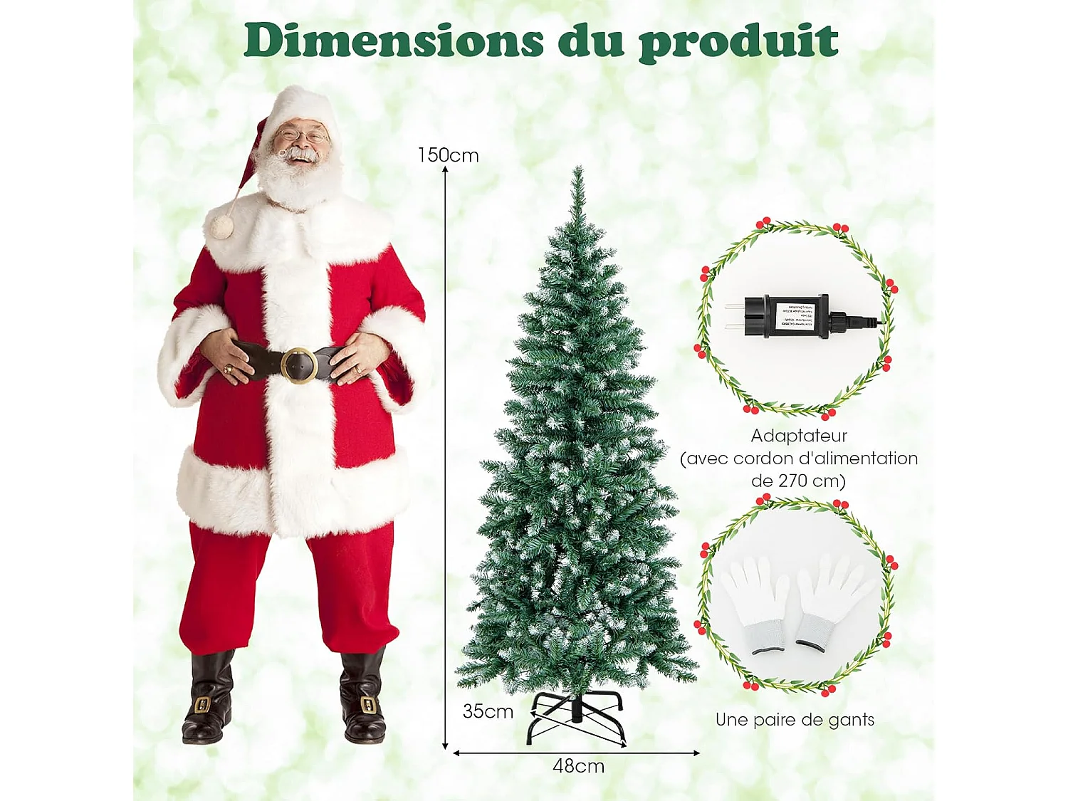 Sapin de noël artificiel de 150 cm, 408 branches enneigées, 200 lumières led blanc chaud