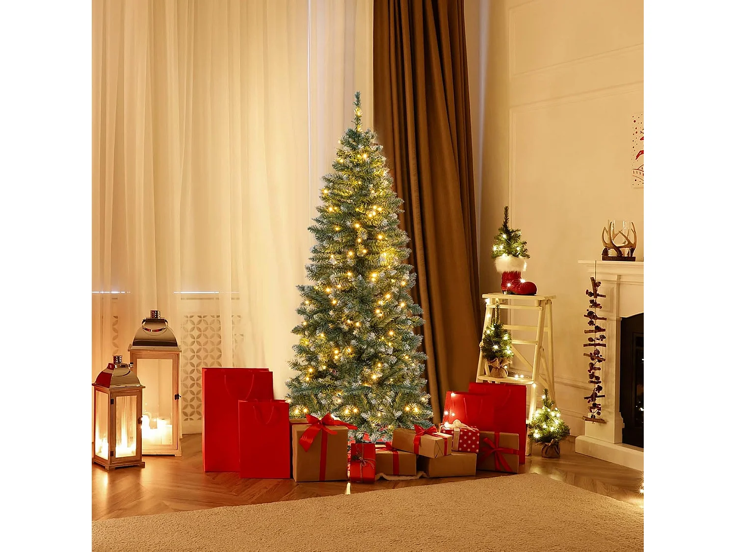 Sapin de noël artificiel de 150 cm, 408 branches enneigées, 200 lumières led blanc chaud