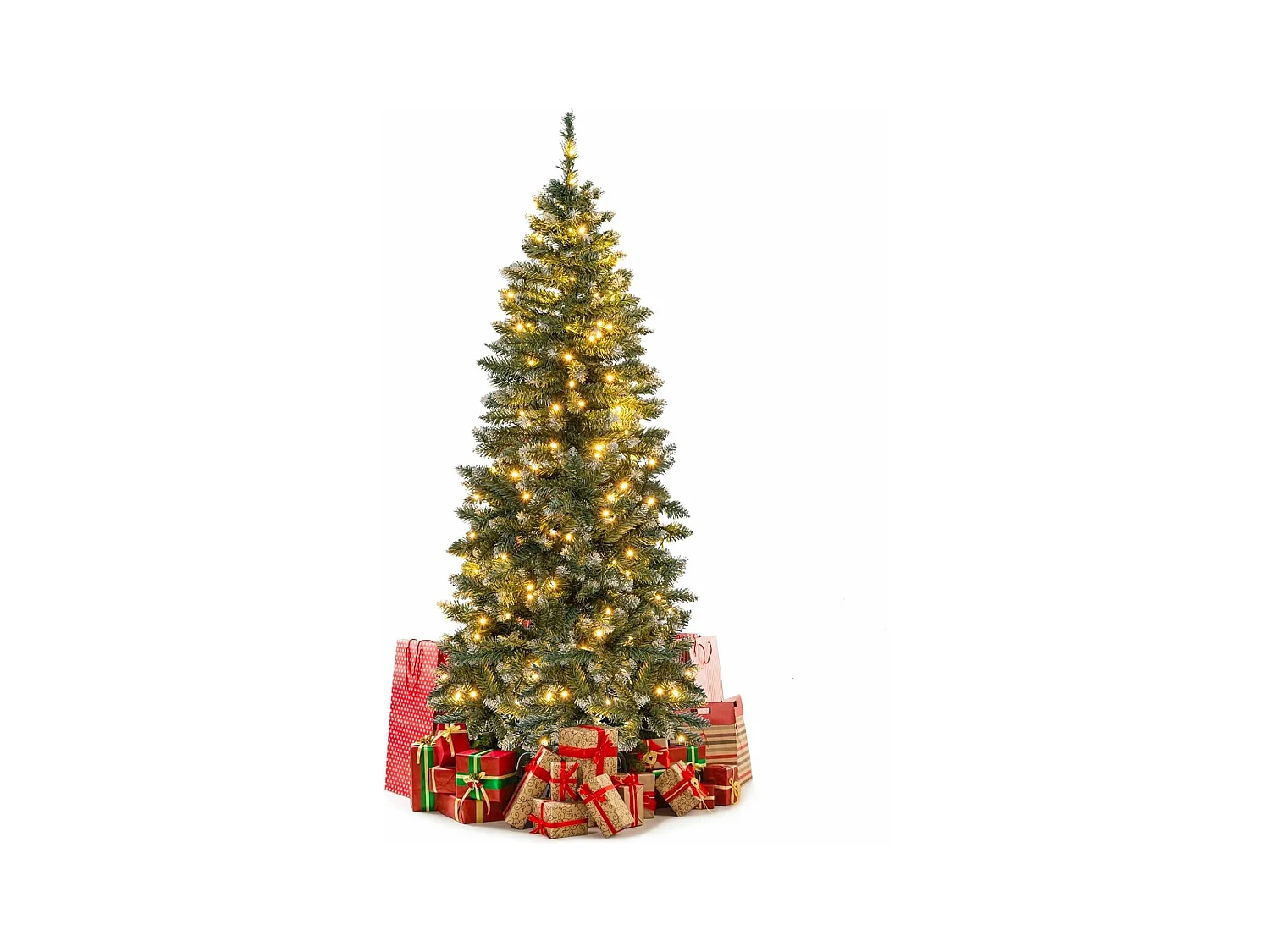 Sapin de noël artificiel de 150 cm, 408 branches enneigées, 200 lumières led blanc chaud