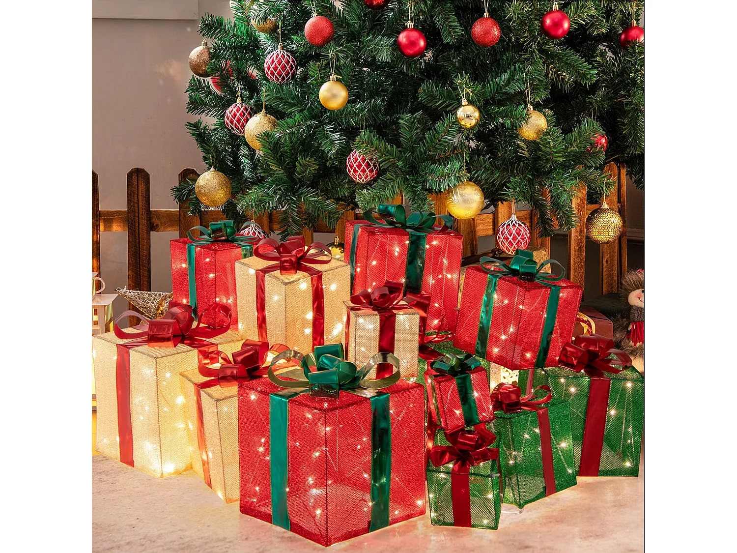 COSTWAY Tour de Boîtes Cadeaux Éclairées 170 cm, 15 Boîtes Empilées, 450 Lumières LED, Base en Métal, Rubans et Nœuds, Décorations Lumineuses de Noël