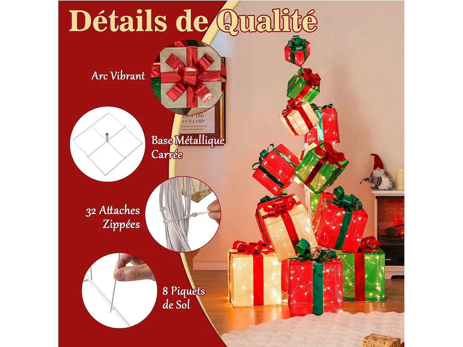 COSTWAY Tour de Boîtes Cadeaux Éclairées 170 cm, 15 Boîtes Empilées, 450 Lumières LED, Base en Métal, Rubans et Nœuds, Décorations Lumineuses de Noël