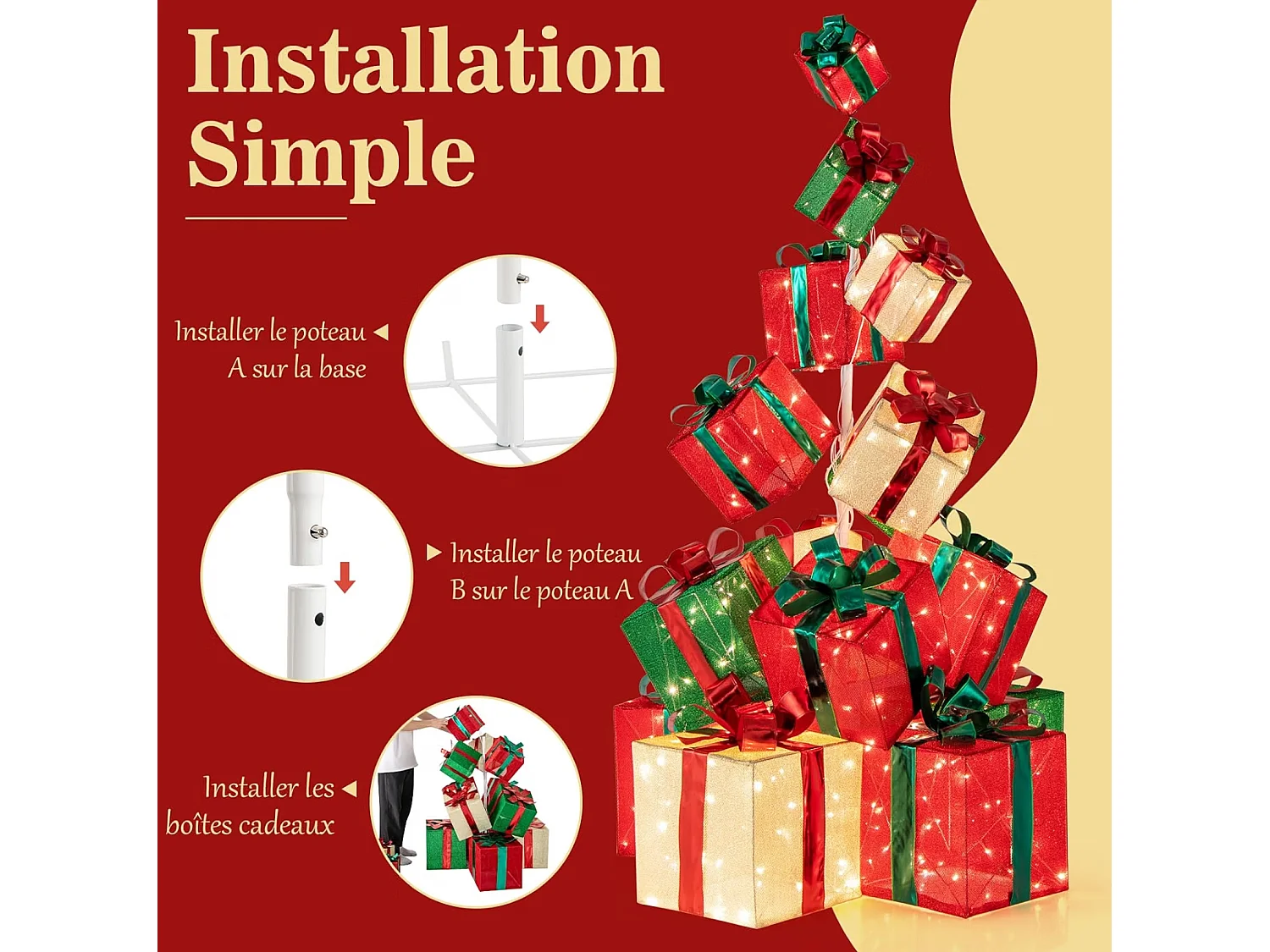 COSTWAY Tour de Boîtes Cadeaux Éclairées 170 cm, 15 Boîtes Empilées, 450 Lumières LED, Base en Métal, Rubans et Nœuds, Décorations Lumineuses de Noël
