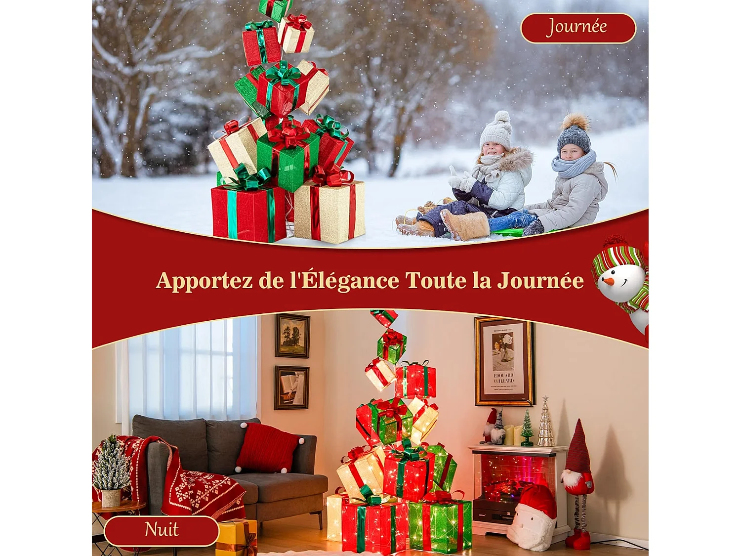COSTWAY Tour de Boîtes Cadeaux Éclairées 170 cm, 15 Boîtes Empilées, 450 Lumières LED, Base en Métal, Rubans et Nœuds, Décorations Lumineuses de Noël