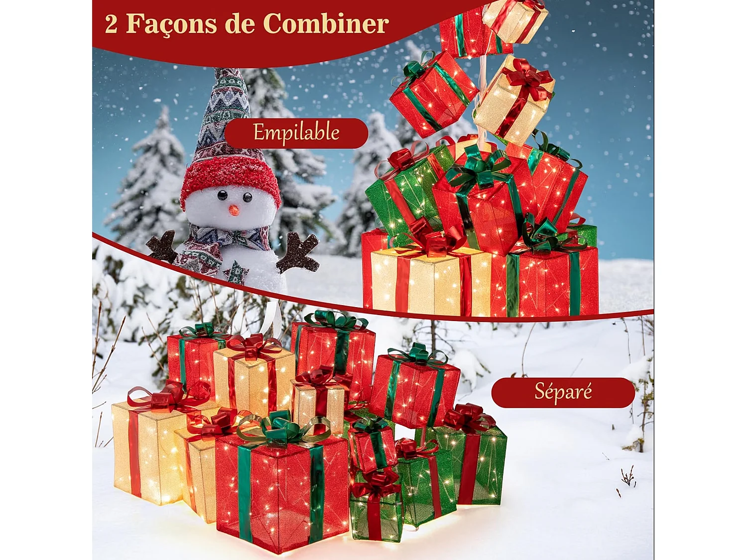 COSTWAY Tour de Boîtes Cadeaux Éclairées 170 cm, 15 Boîtes Empilées, 450 Lumières LED, Base en Métal, Rubans et Nœuds, Décorations Lumineuses de Noël