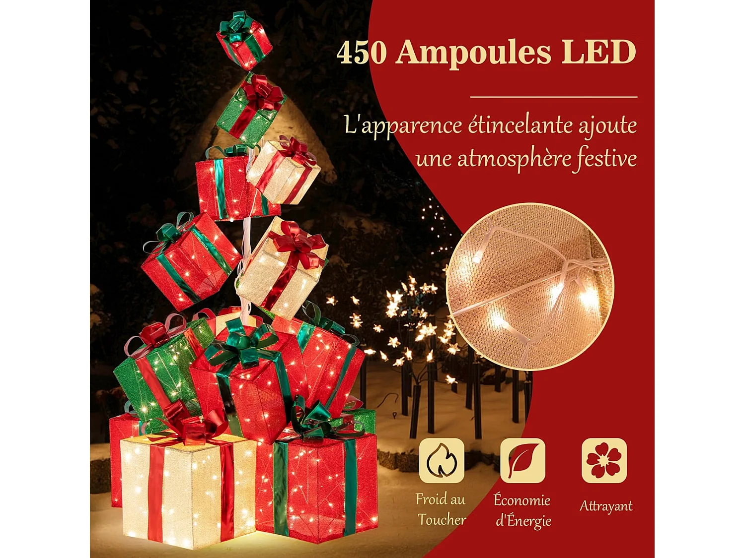 COSTWAY Tour de Boîtes Cadeaux Éclairées 170 cm, 15 Boîtes Empilées, 450 Lumières LED, Base en Métal, Rubans et Nœuds, Décorations Lumineuses de Noël