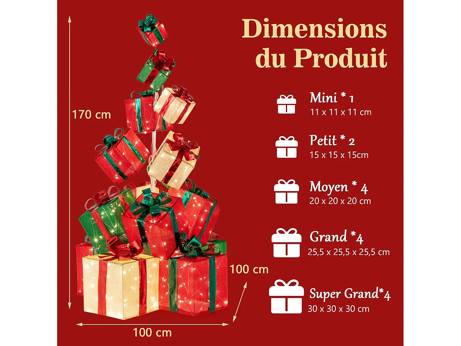 COSTWAY Tour de Boîtes Cadeaux Éclairées 170 cm, 15 Boîtes Empilées, 450 Lumières LED, Base en Métal, Rubans et Nœuds, Décorations Lumineuses de Noël