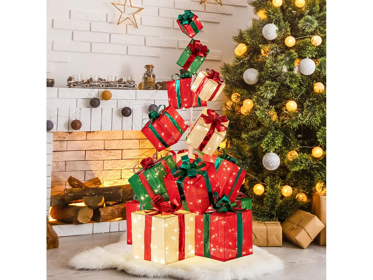 COSTWAY Tour de Boîtes Cadeaux Éclairées 170 cm, 15 Boîtes Empilées, 450 Lumières LED, Base en Métal, Rubans et Nœuds, Décorations Lumineuses de Noël