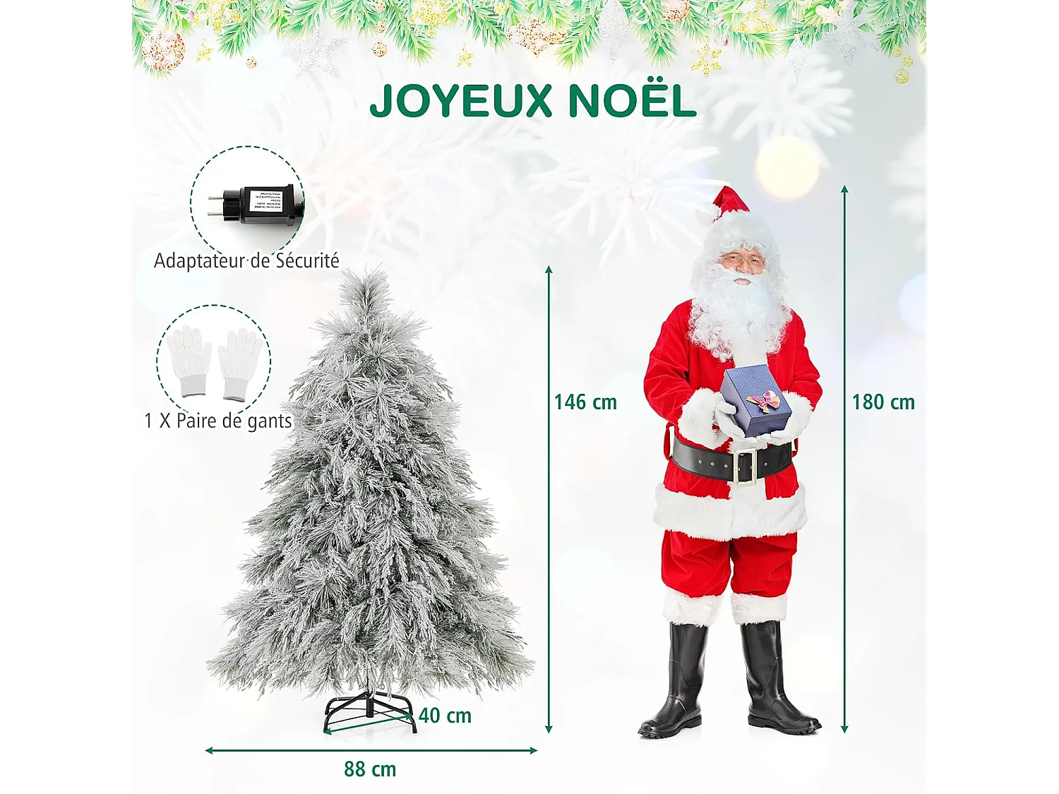 Sapin de noël artificiel 146 cm, 279 branches avec 150 led blanc chaud, aiguilles de pin