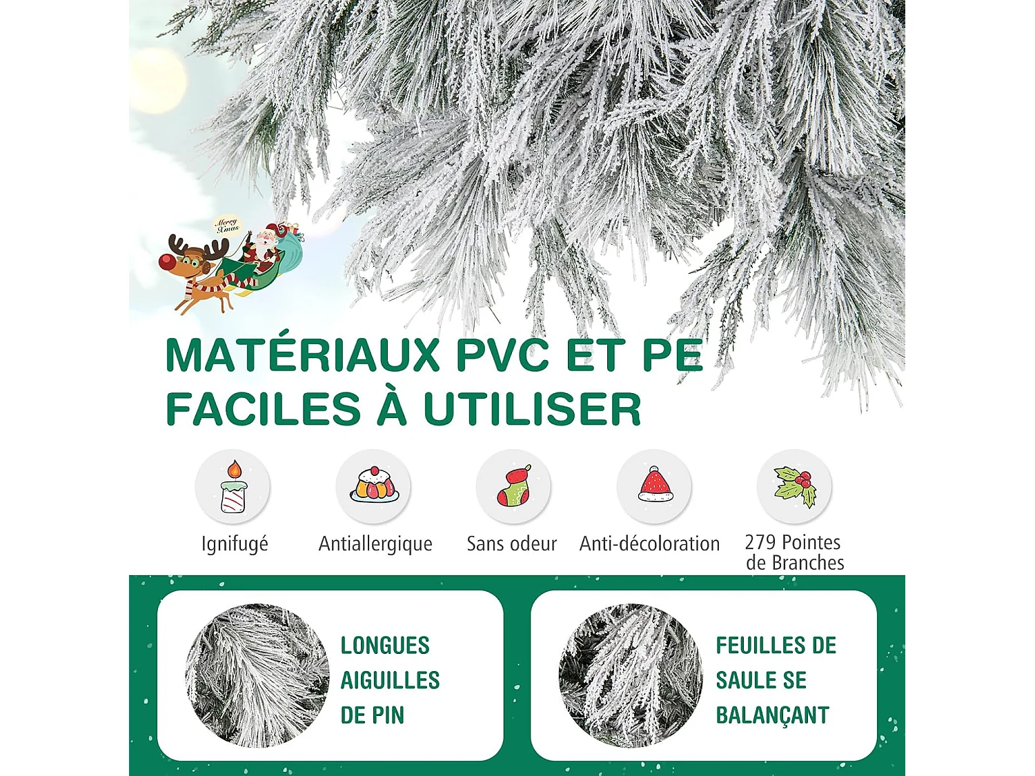 Sapin de noël artificiel 146 cm, 279 branches avec 150 led blanc chaud, aiguilles de pin