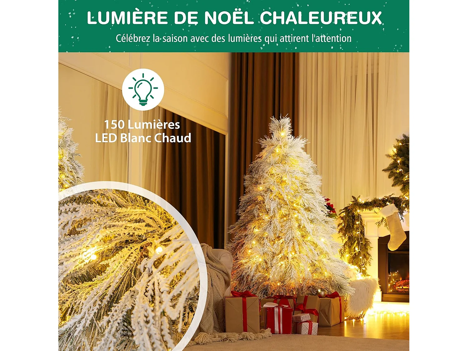 Sapin de noël artificiel 146 cm, 279 branches avec 150 led blanc chaud, aiguilles de pin