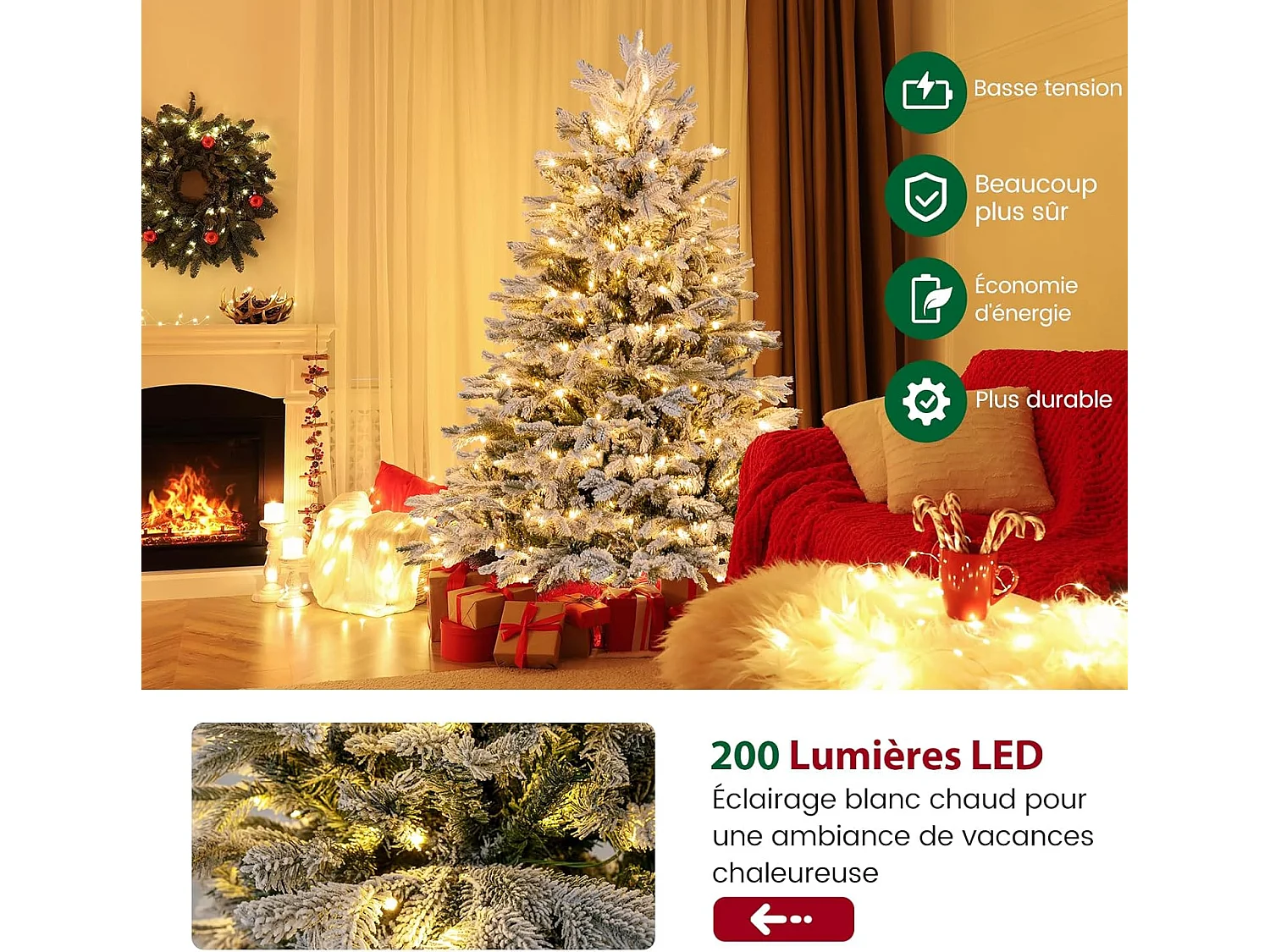 Sapin de noël artificiel 146 cm, charnières avec 688 branches & 200 lumières led,
