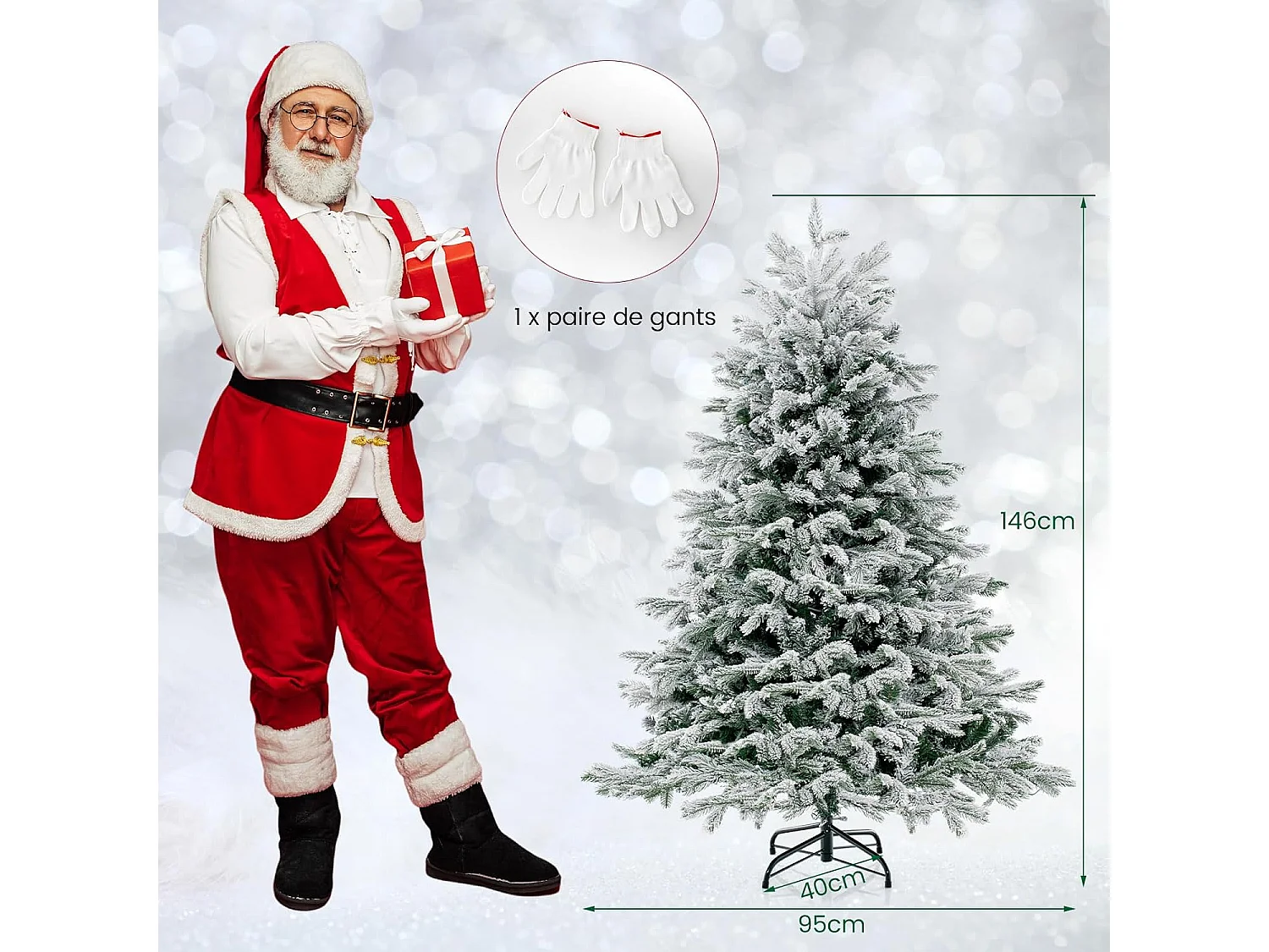 Sapin de noël artificiel 146 cm, charnières avec 688 branches & 200 lumières led,