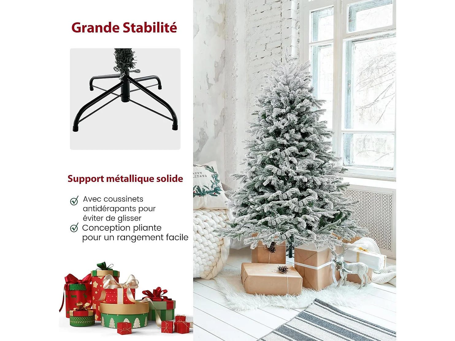 Sapin de noël artificiel 146 cm, charnières avec 688 branches & 200 lumières led,