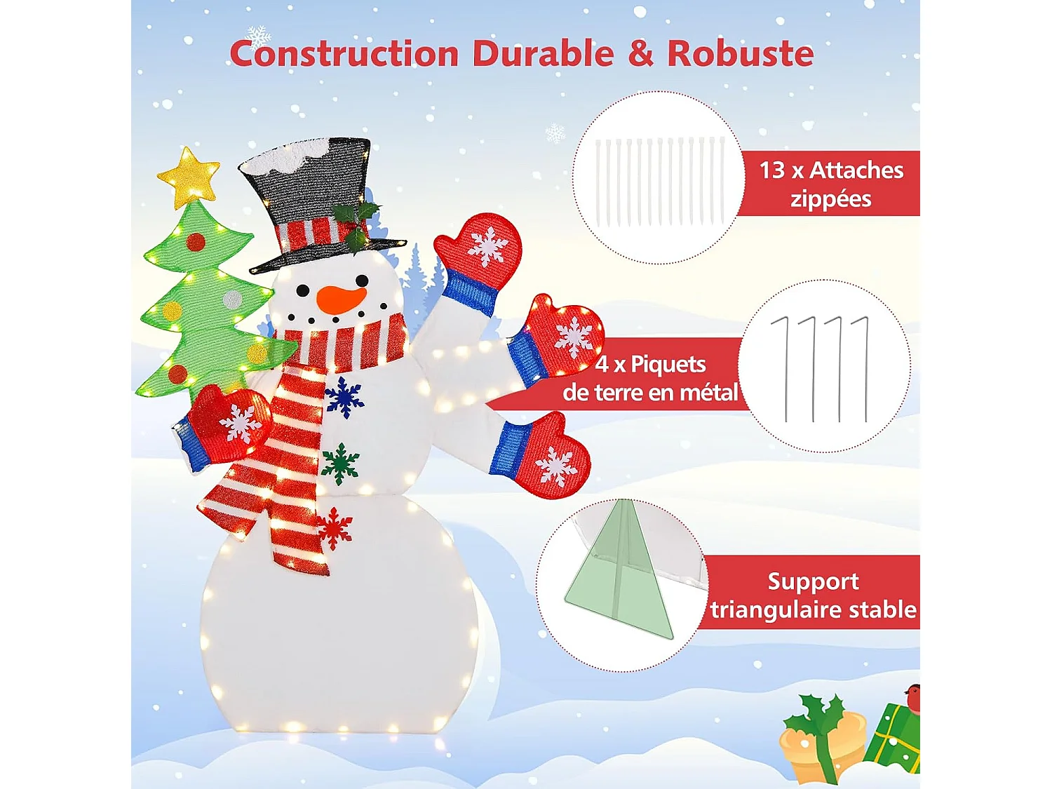 Décoration de noël 255 lumières blanches chaudes, avec 12 piquets et 24 serre-câbles