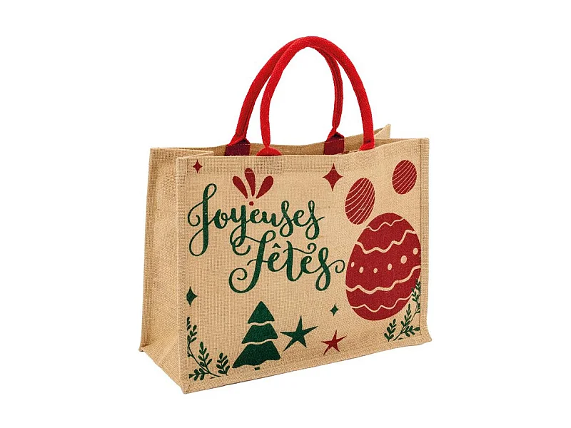 Sac cadeau en jute "Joyeuses Fêtes" avec anses rouges