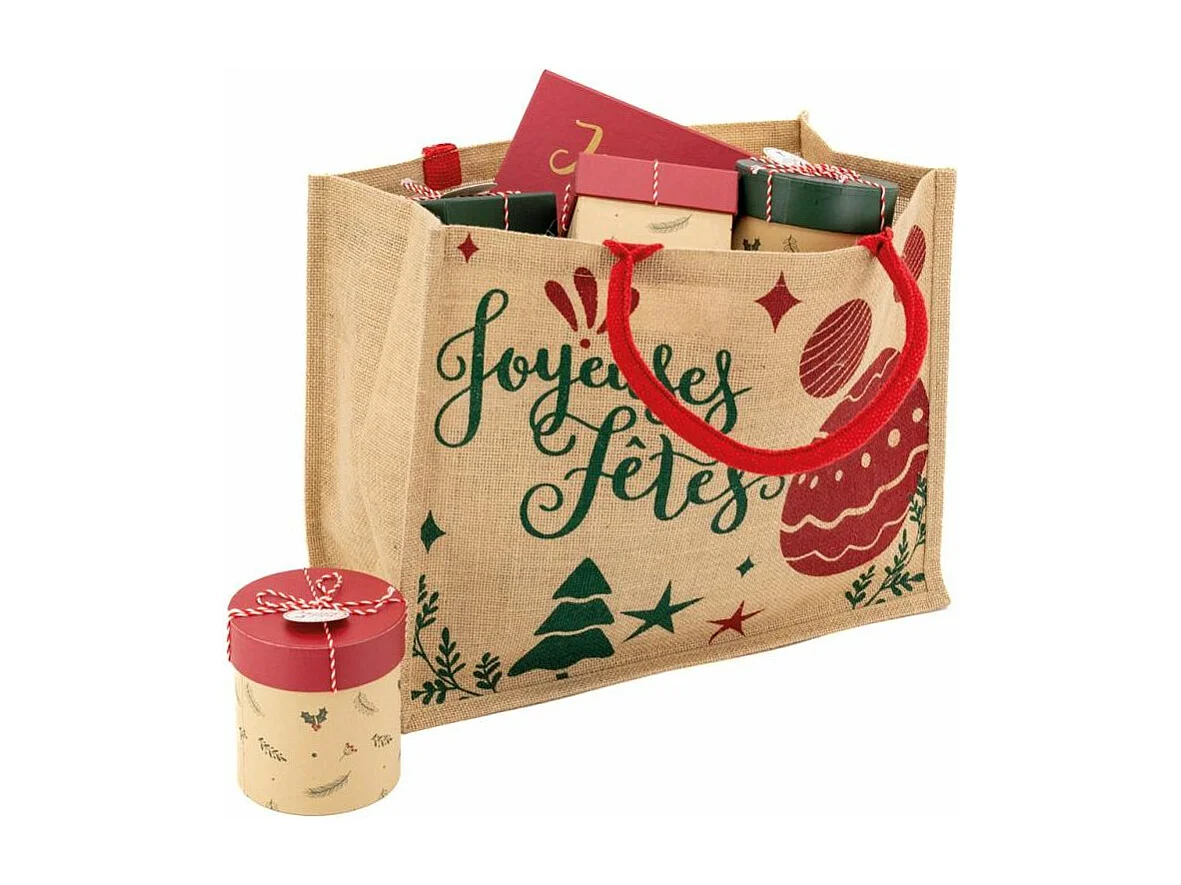 Sac cadeau en jute "Joyeuses Fêtes" avec anses rouges