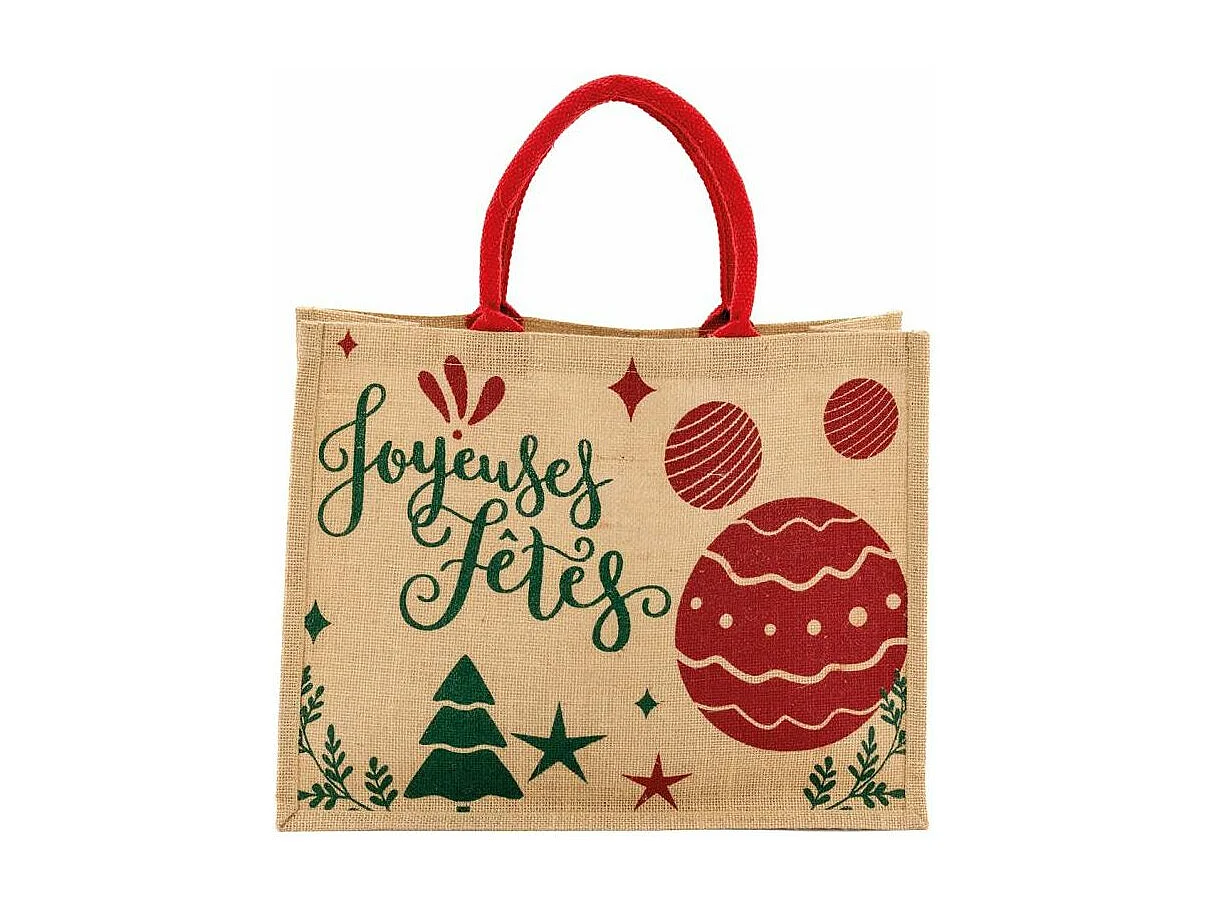 Sac cadeau en jute "Joyeuses Fêtes" avec anses rouges