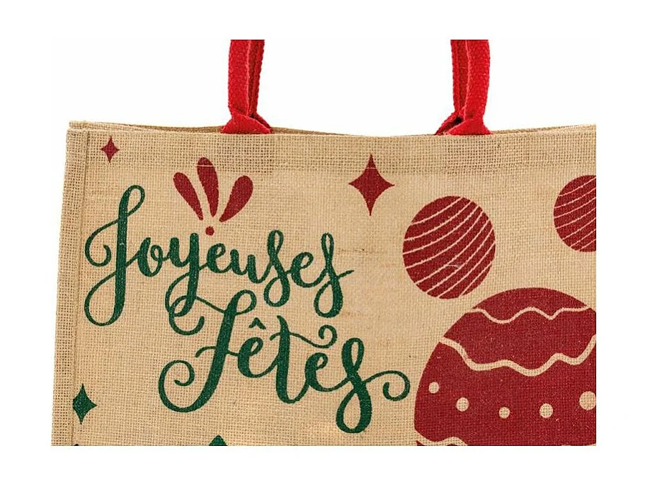 Sac cadeau en jute "Joyeuses Fêtes" avec anses rouges