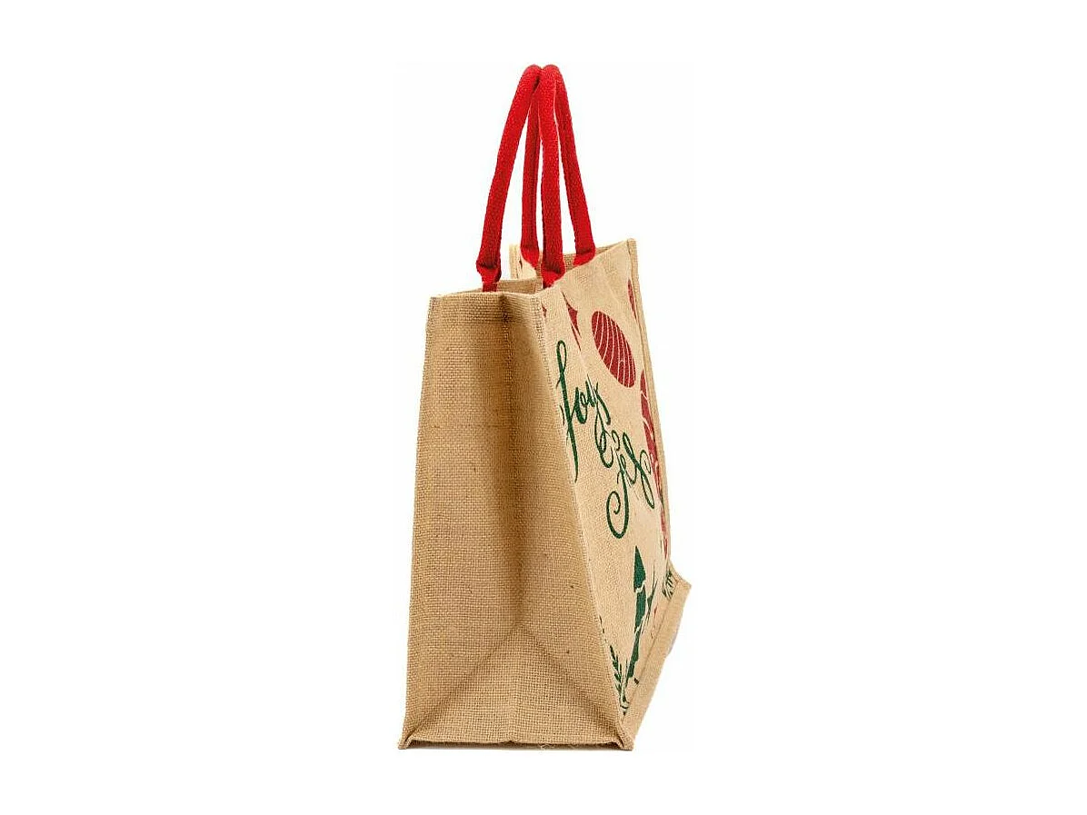 Sac cadeau en jute "Joyeuses Fêtes" avec anses rouges