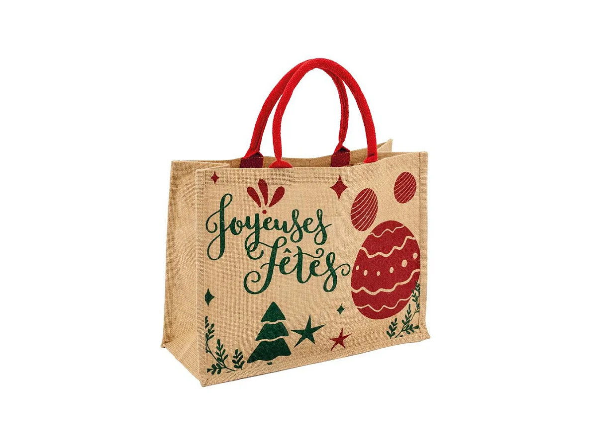 Sac cadeau en jute "Joyeuses Fêtes" avec anses rouges