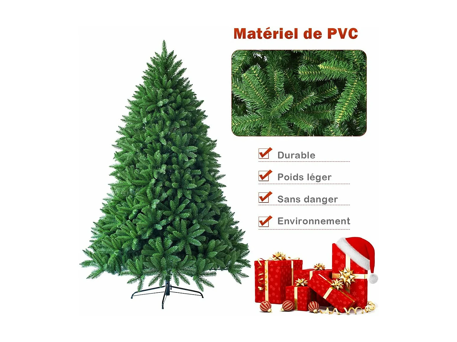 Sapin de noël artificiel 225cm 1968 branches, matériel pvc arbre de noël avec socle