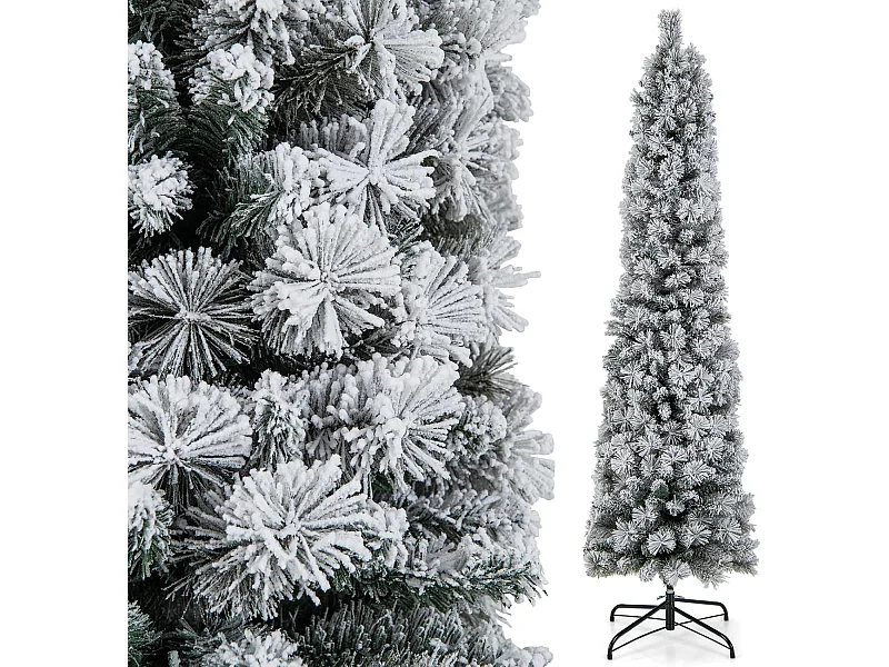 Sapin de noël artificiel pré-éclairé 180 cm, en forme de crayon, floqué de neige