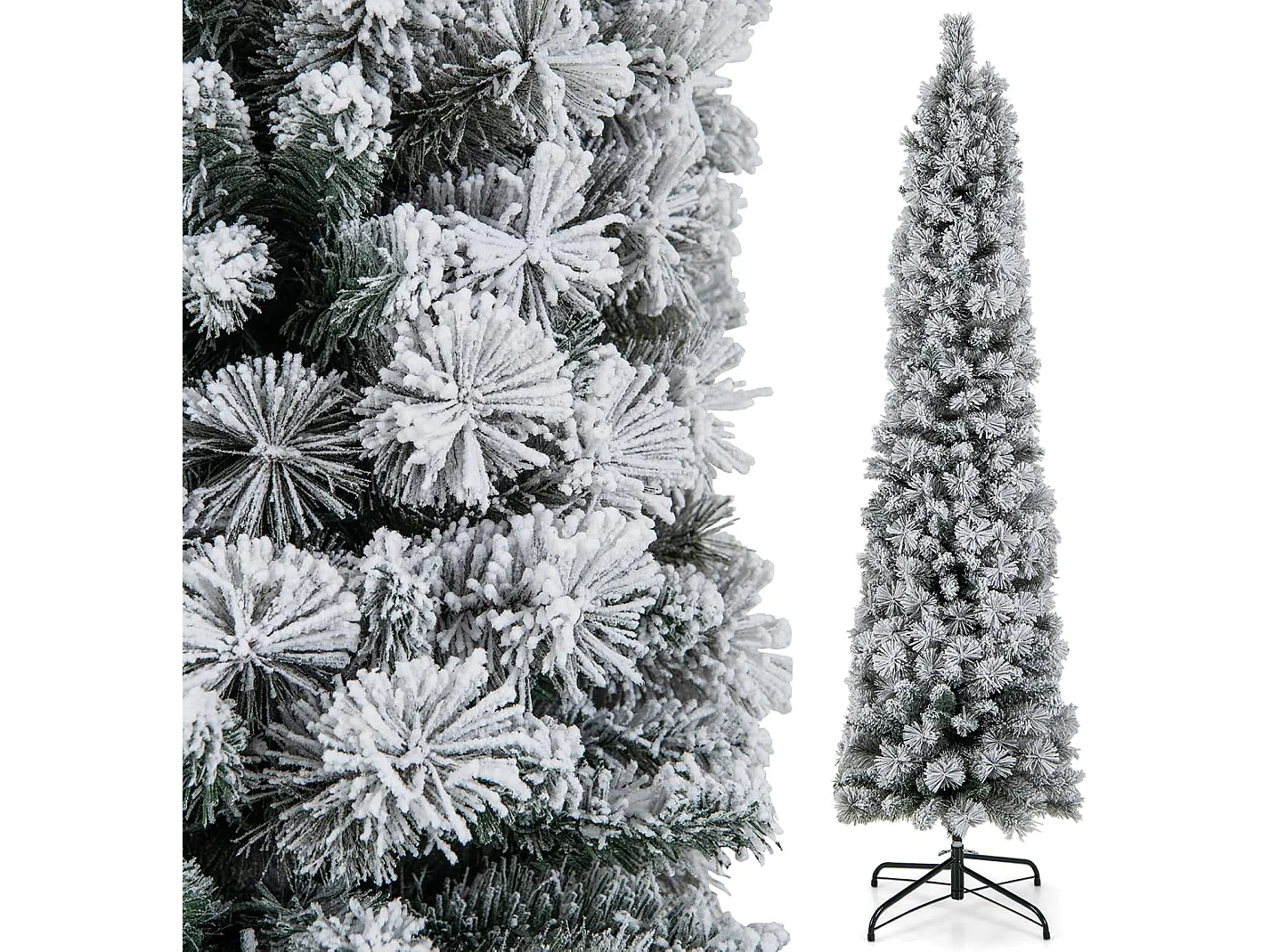 Sapin de noël artificiel pré-éclairé 180 cm, en forme de crayon, floqué de neige