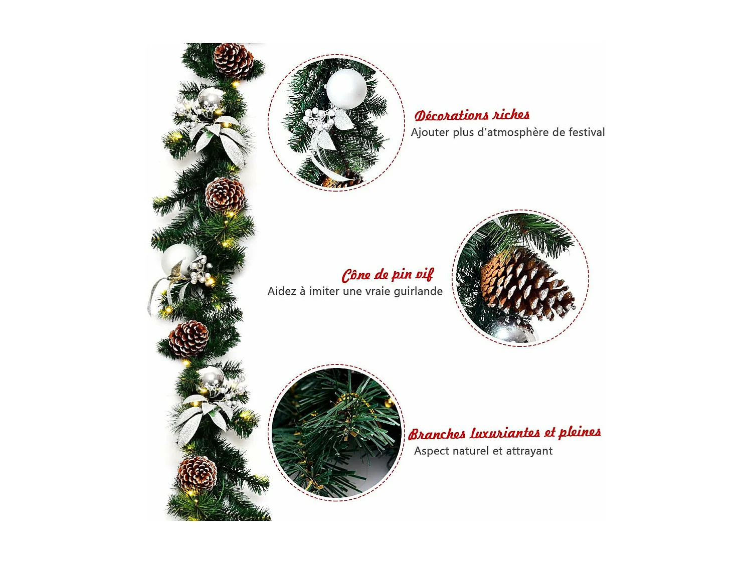 Guirlande de noël artificielle 270cm avec 50 lumières led pommes de pin boules feuillage