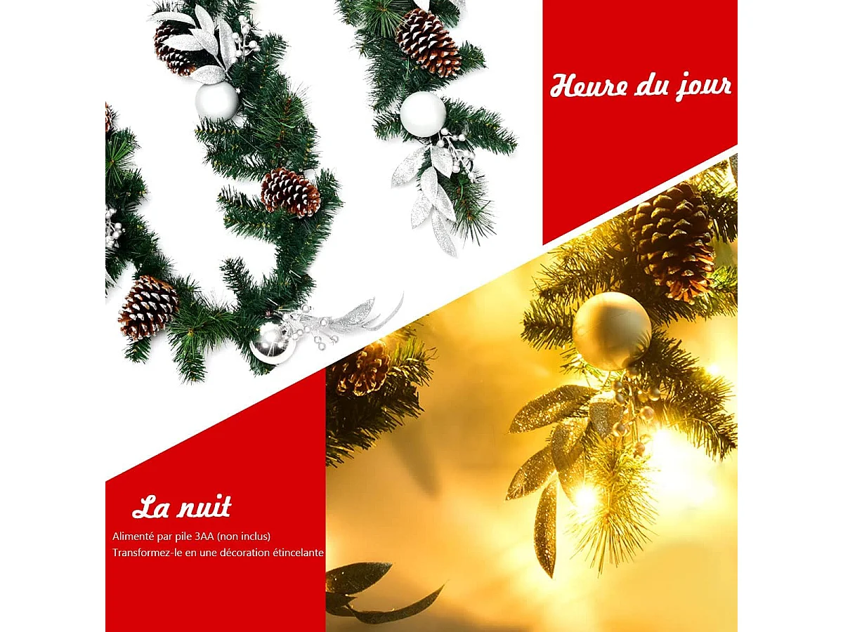 Guirlande de noël artificielle 270cm avec 50 lumières led pommes de pin boules feuillage
