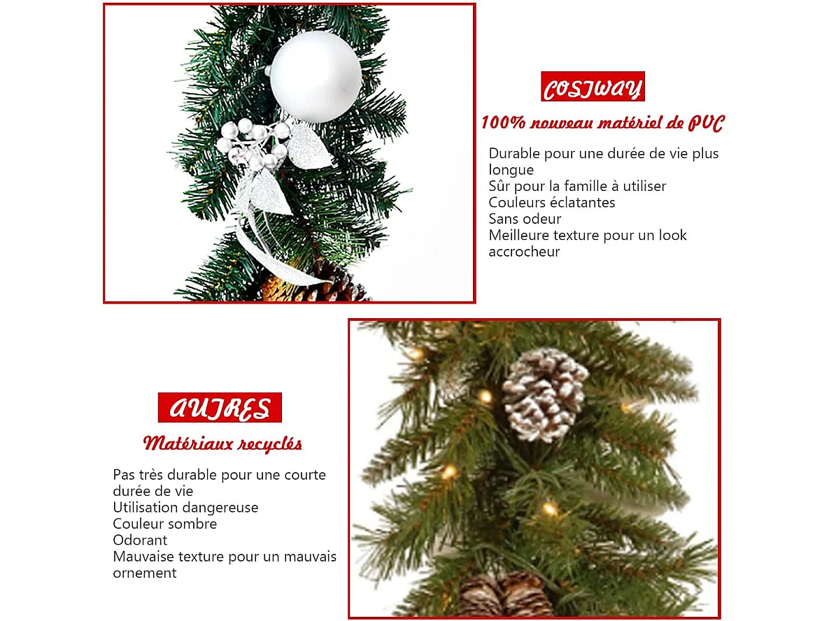 Guirlande de noël artificielle 270cm avec 50 lumières led pommes de pin boules feuillage