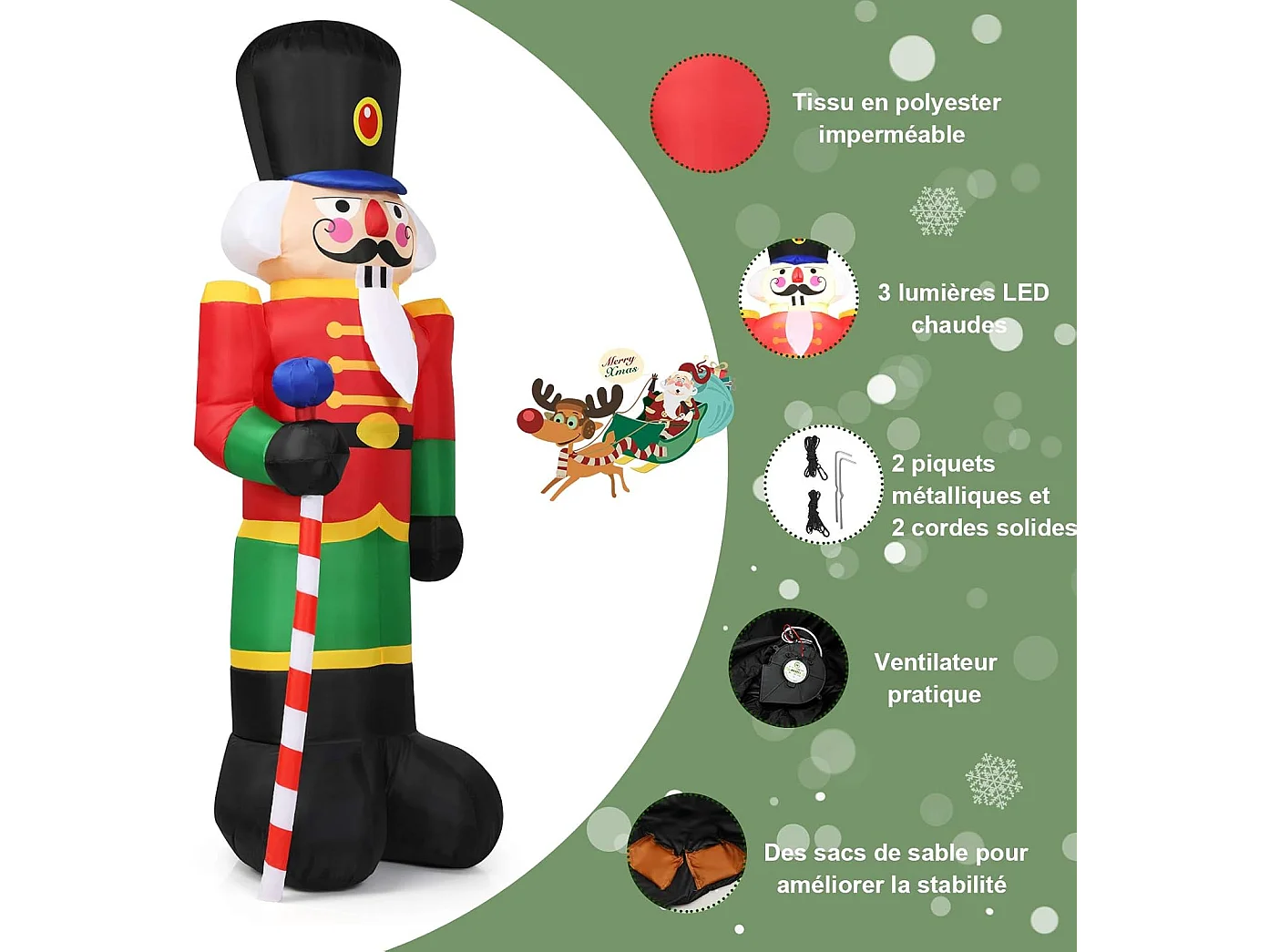 Décoration de noël casse-noisette gonflable 2,4m avec 3 lumières canne sucre d'orge