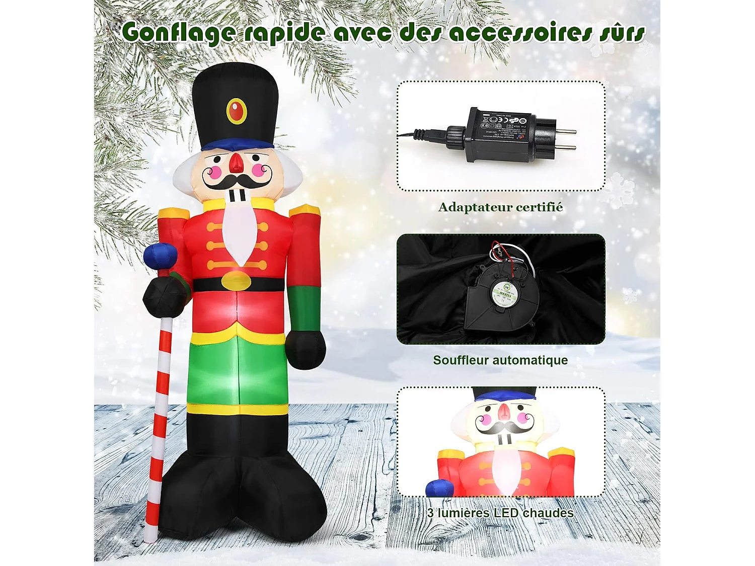 Décoration de noël casse-noisette gonflable 2,4m avec 3 lumières canne sucre d'orge