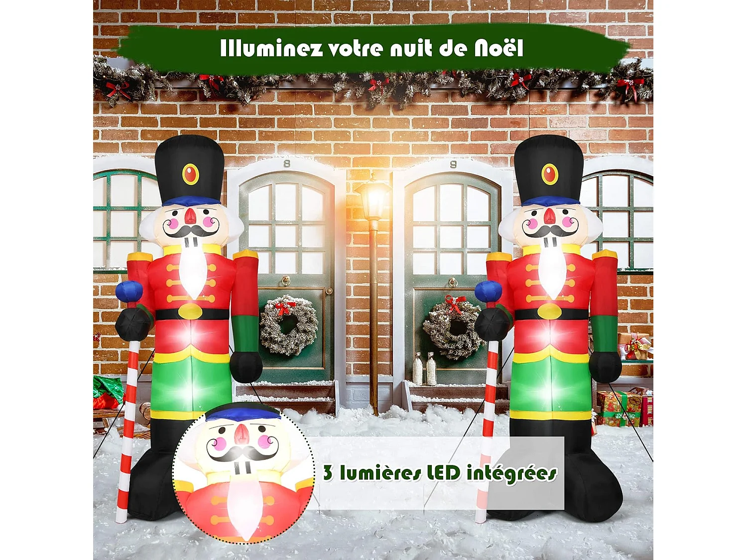 Décoration de noël casse-noisette gonflable 2,4m avec 3 lumières canne sucre d'orge